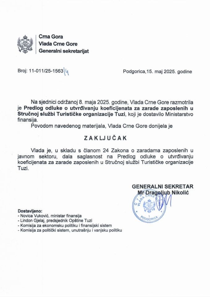 Predlog odluke o utvrđivanju koeficijenata za zarade zaposlenih u Stručnoj službi Turističke organizacije Tuzi - Zaključci