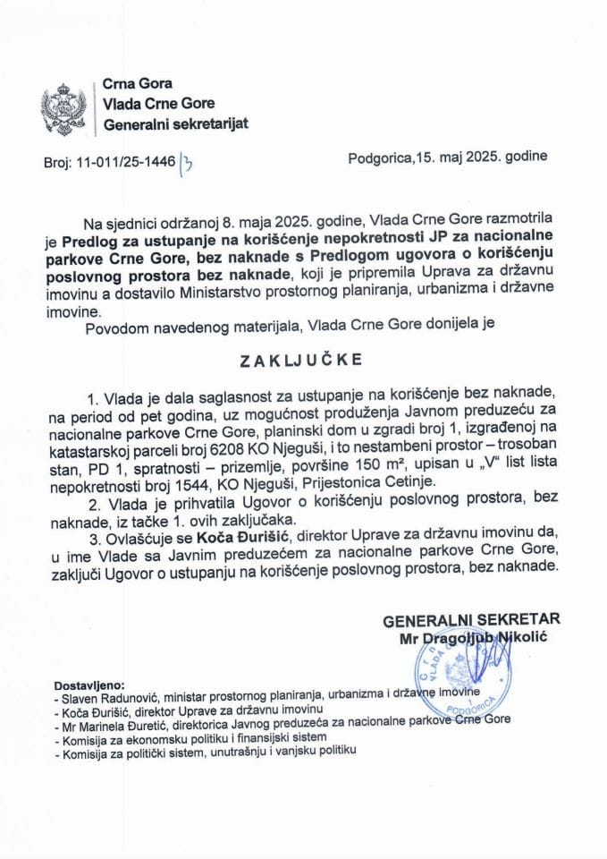 Predlog za ustupanje na korišćenje nepokretnosti JP za nacionalne parkove Crne Gore, bez naknade s Predlogom ugovora o korišćenju poslovnog prostora bez naknade - Zaključci