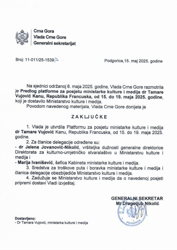 Predlog platforme za posjetu ministarke kulture i medija dr Tamare Vujović Kanu, Republika Francuska, od 15. do 19. maja 2025. godine - Zaključci