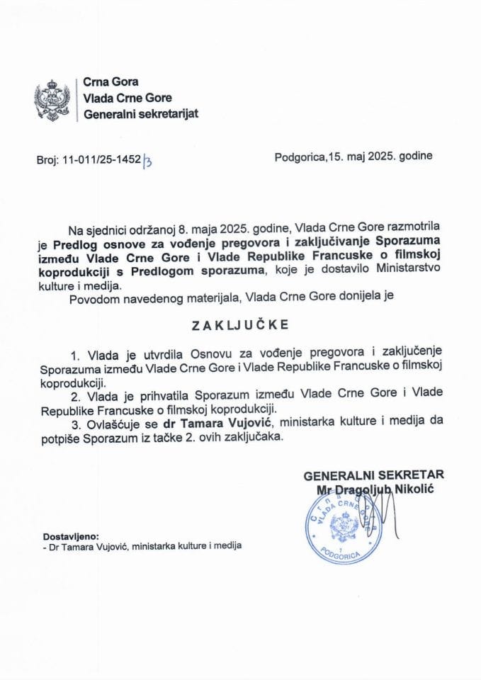 Predlog osnove za vođenje pregovora i zaključivanje Sporazuma između Vlade Crne Gore i Vlade Republike Francuske o filmskoj koprodukciji s Predlogom sporazuma - Zaključci