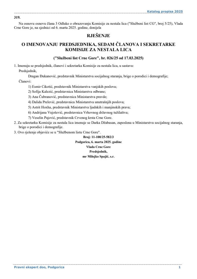 Rjesenje o imenovanju predsjednika sedam clanova i sekretarke Komisije za nestala lica