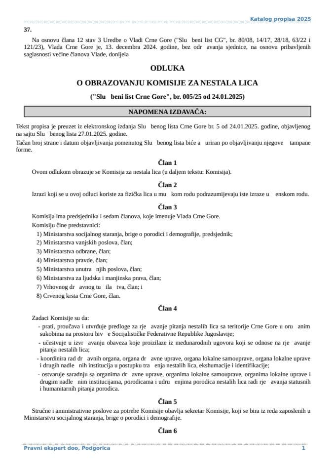 Odluka o obrazovanju Komisije za nestala lica