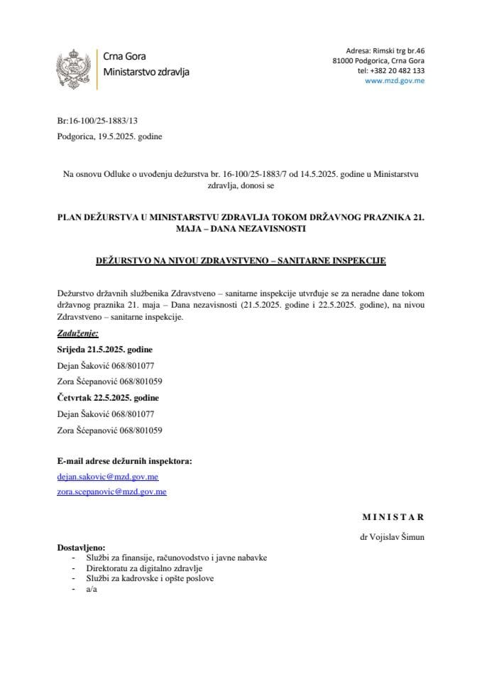 Plan dežurstva - 21. maj 