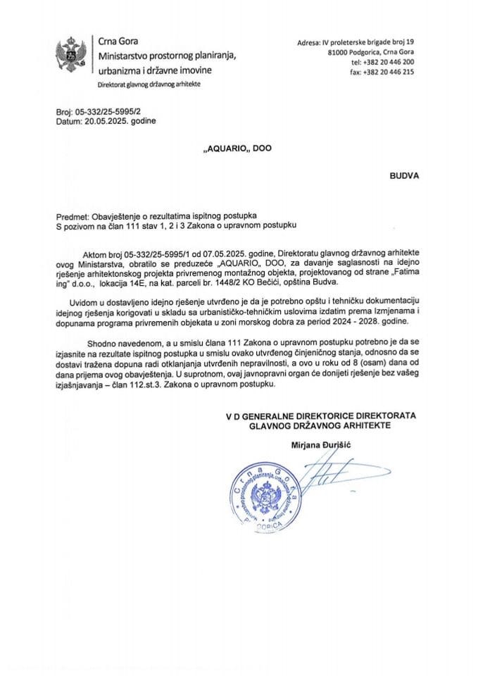 Obavještenja - Program privremenih objekata - 20.05.2025 Obavještenje -AQUARIO DOO, Budva -Opština Budva,14E