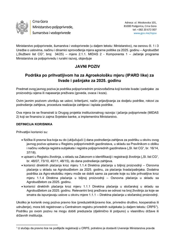 Javni Poziv- 2.1.1 Podrška po ha za livade i pašnjake za 2025