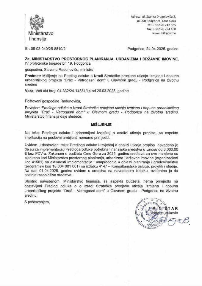 Mišljenje na Predlog odluke o izradi Strateške procjene uticaja Izmjena i DUP-a Drač - Vatrogasni dom - u Glavnom gradu - Podgorica na životnu sredinu