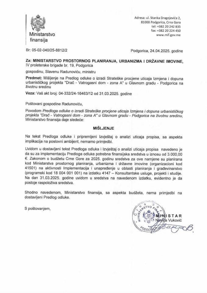 Mišljenje na Predlog odluke o izradi Strateške procjene uticaja Izmjena i DUP-a Drač - Vatrogasni dom - Zona A