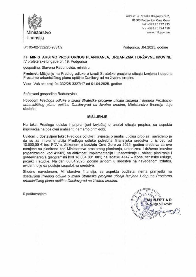 Mišljenje na Predlog odluke o izradi Strateške procjene uticajan Izmjena i dopuna Prostorno-urbanističkog plana opštine Danilovgrad na životnu sredinu