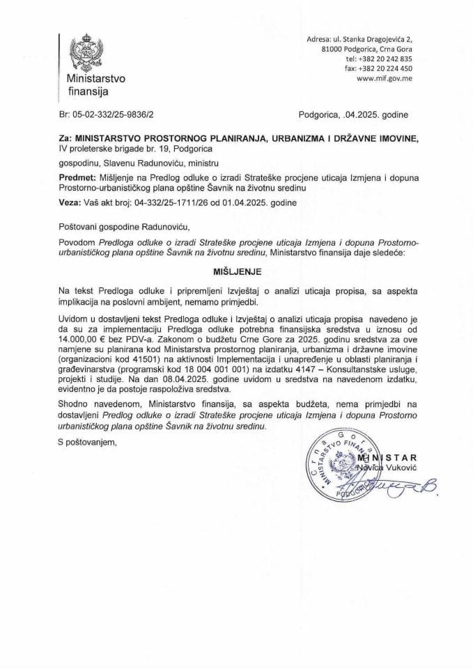 Mišljenje na Predlog odluke o izradi Strateške procjene uticajan Izmjena i dopuna Prostorno-urbanističkog plana opštine Šavnik na životnu sredinu