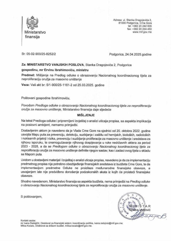 Mišljenje na Predlog odluke o obrazovanju Nacionalnog koordinacionog tijela za neproliferaciju oružja na masovno uništenje