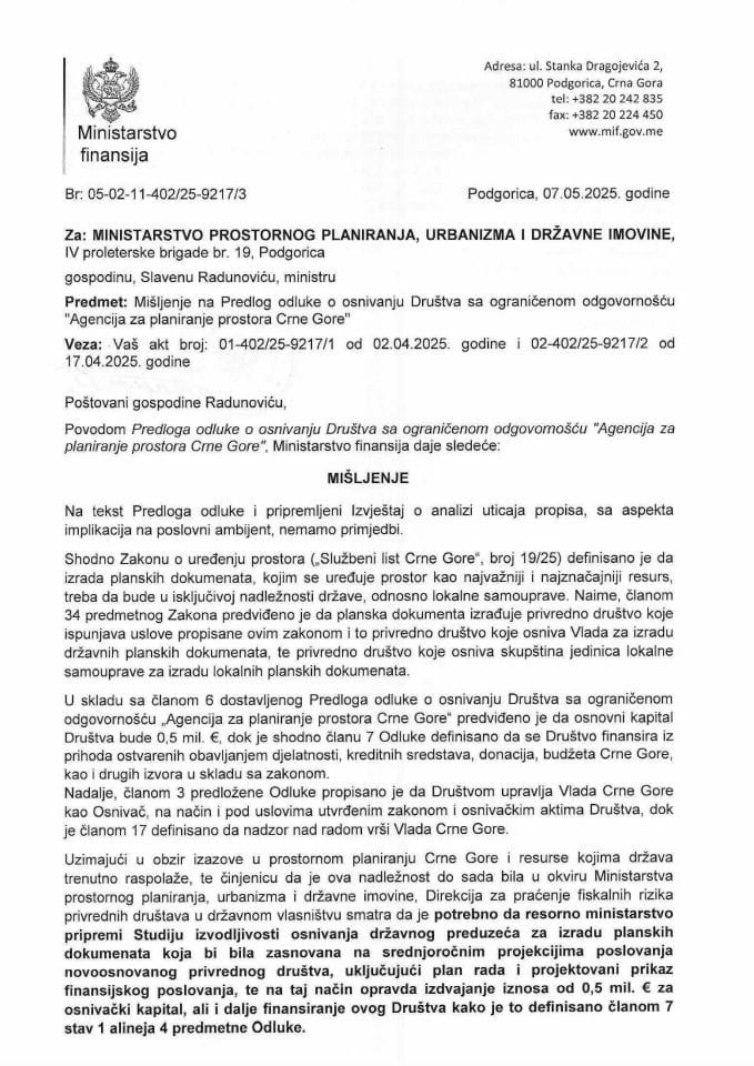 Mišljenje na Predlog odluke o osnivanju DD Agencije za planiranja prostora