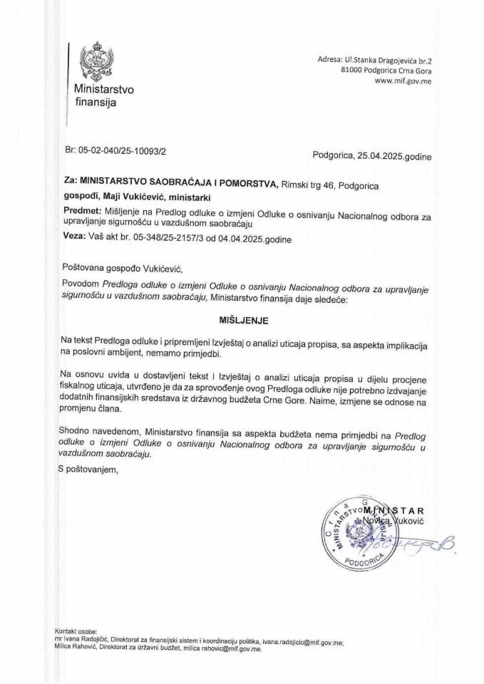 Mišljenje na Predlog odluke o izmjeni Odluke o osnivanju Nacionalnog odbora za upravljanje sigurnošću u vazdušnom saobracaju