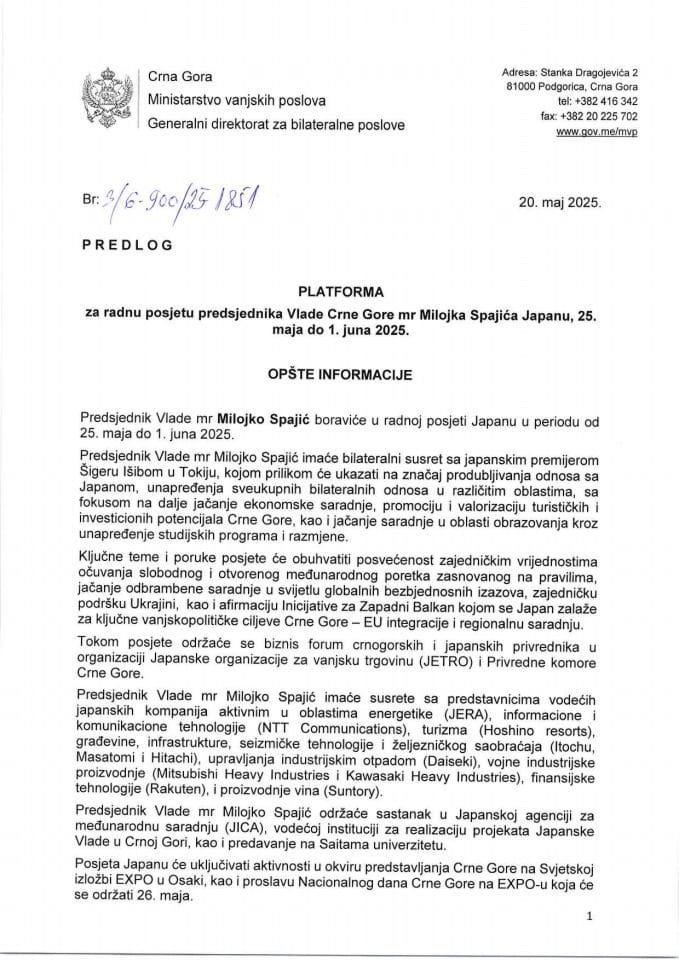 Predlog platforme za radnu posjetu predsjednika Vlade Crne Gore mr Milojka Spajića Japanu, od 25. maja do 1. juna 2025. godine