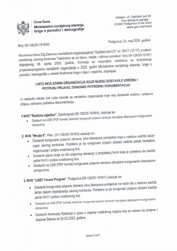 Lista NVO s nepotpunom dokumentacijom