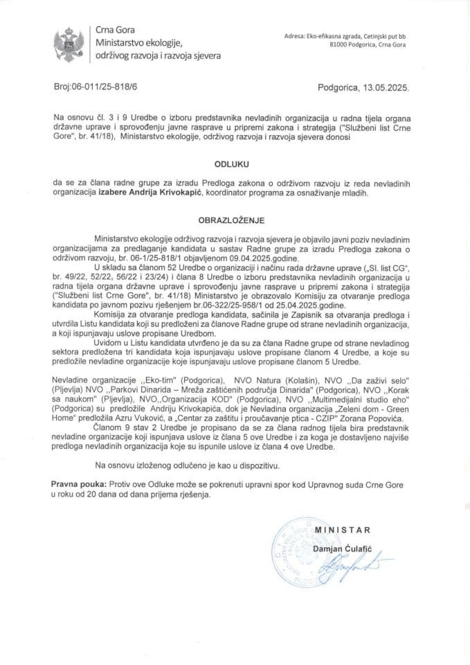 Odluka o izboru člana radne grupe za izradu Predloga zakona