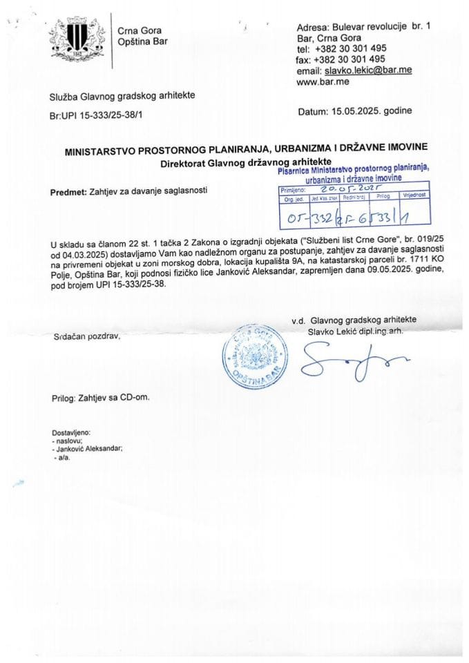 Zahtjevi investitora za davanje saglasnosti glavnog državnog arhitekte - 20.05.2025 Zahtjev -Aleksandar Janković -Opština Bar
