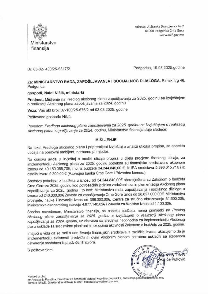 Mišljenje na Predlog akcionog plana zapošljavanja za 2025. godinu, sa Izvještajem o realizaciji Akcionog plana zapošljavanja za 2024. godinu