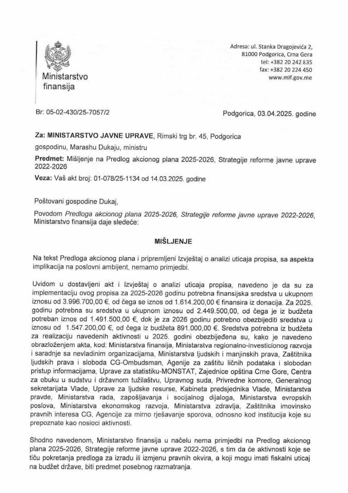 Mišljenje na Predlog akcionog plana 2025-2026 Strategija reforme javne uprave