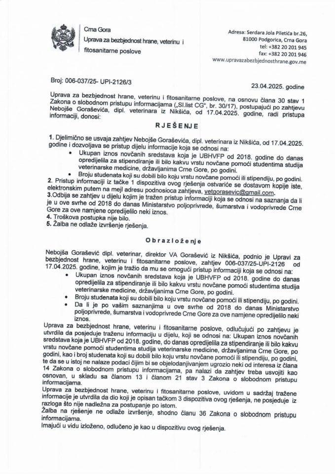 Информација по рјешењу број 006-037/25-УПИ-2126/3 од 23.04.2025.