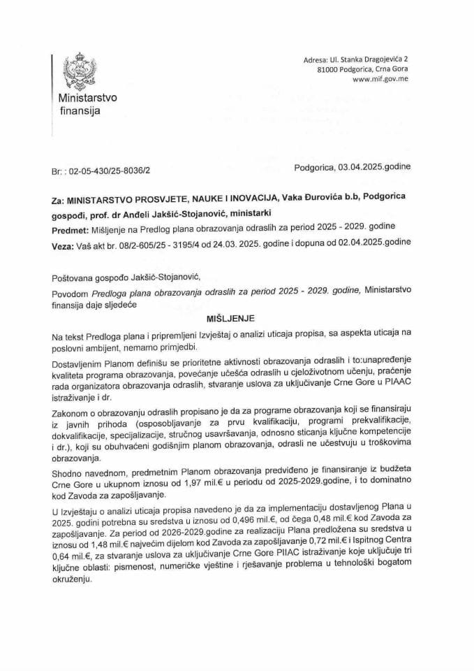 Mišljenje na Predlog plana obrazovanja odraslih za period 2025-2029