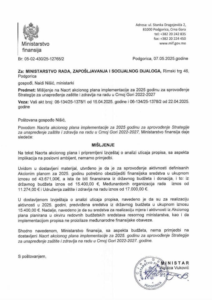 Mišljenje na Predlog AP za sprovodjenje Stategije za uanpredjenje i zastite na radu