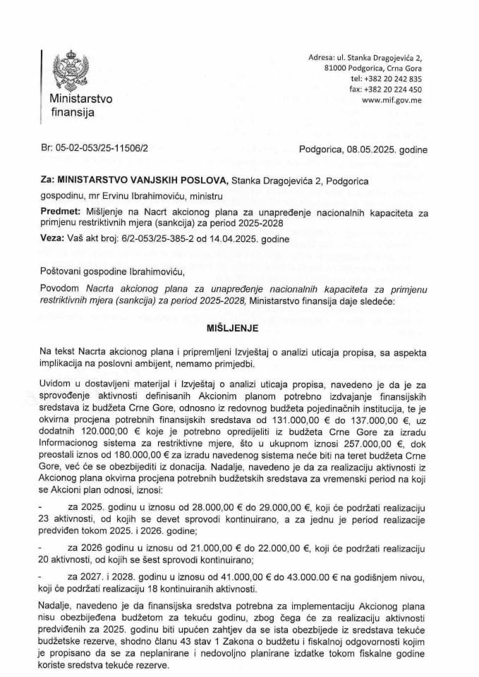 Mišljenje na Predlog AP za unapredjenje nacionalnih kapaciteta za primjenu sankcija