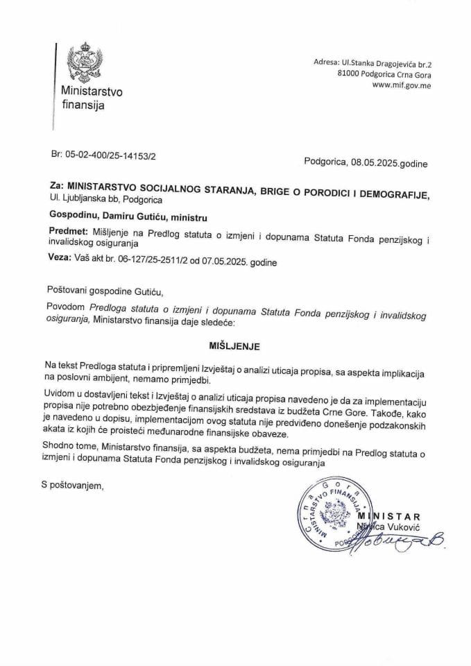 Mišljenje na Predlog izmjena Statuta PIO