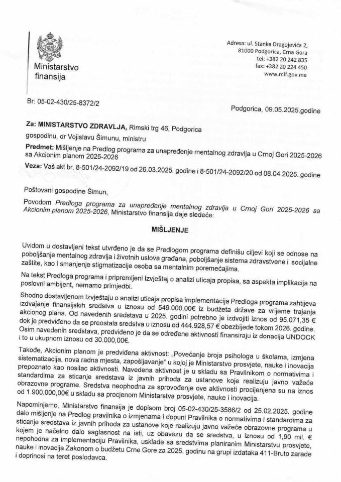 Mišljenje na Predlog programa za unapredjenje mentalnog zdravlja u CG sa AP