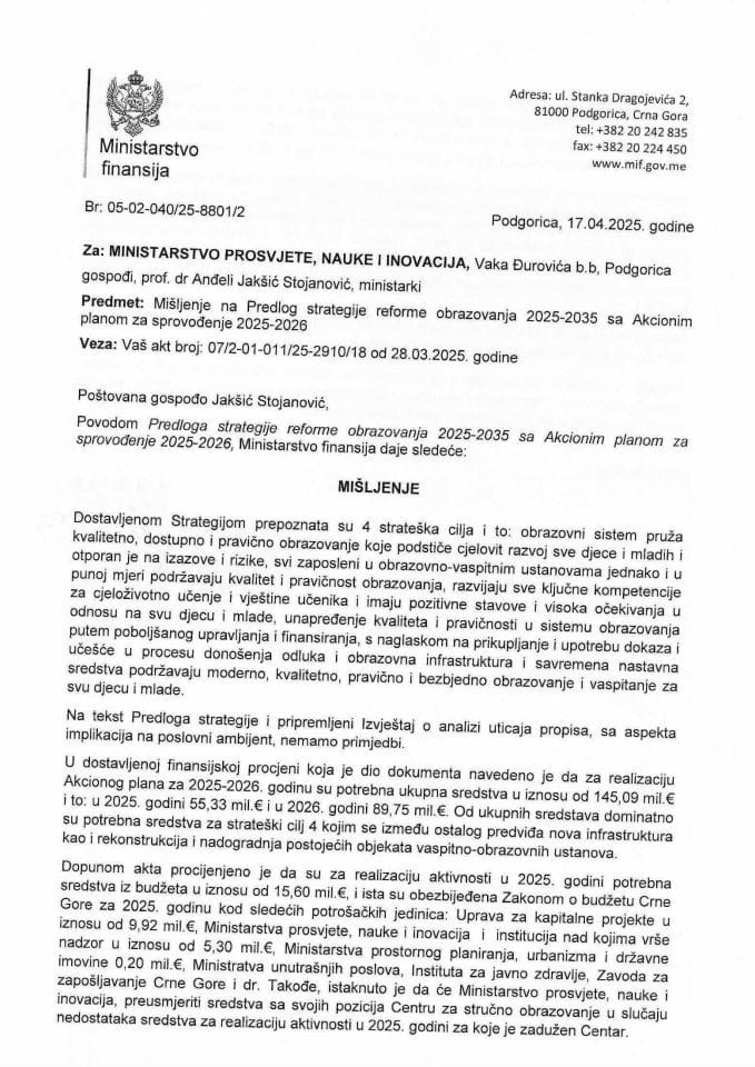 Mišljenje na Predlog strategija reforme obrazovanja