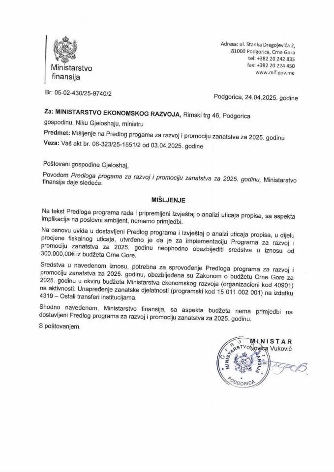 Mišljenje na Predlog programa za razvoj i promociju zanatstva za 2025 godinu