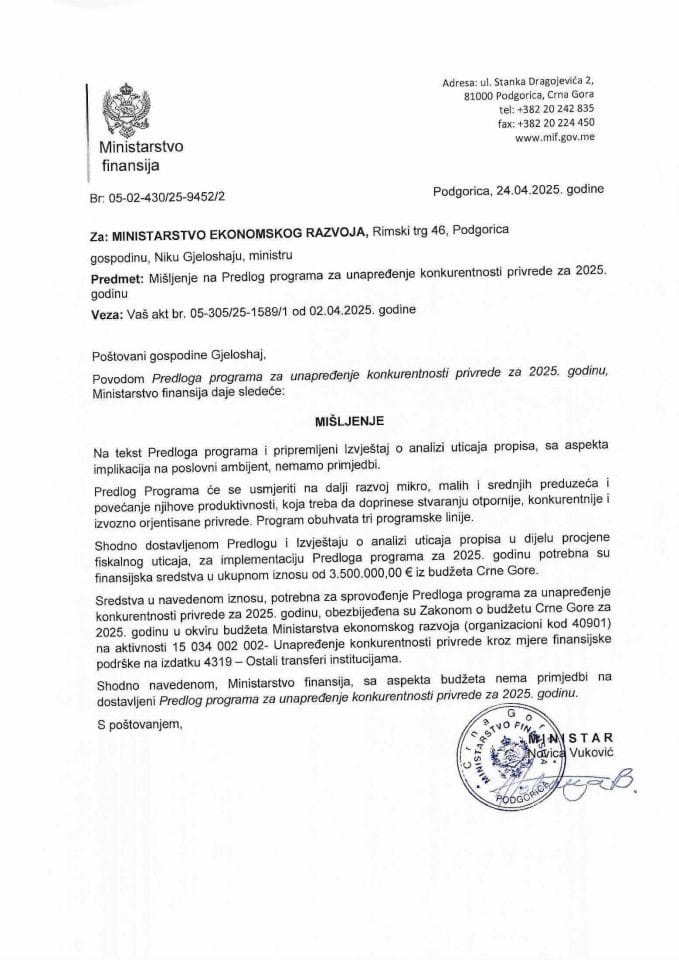 Mišljenje na predlog programa za unapredjenje konkurentnosti privrede za 2025 godinu