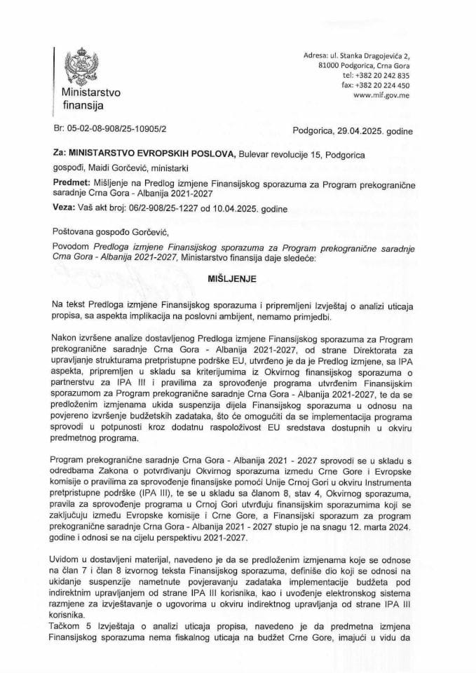 Mišljenje na Predlog izmjena FS prekogranicne saradnje CG AL 2021 2027