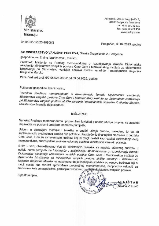 Mišljenje na Predlog memoranduma o razumijevanju diplomatske akademija MVP CG i Marokanskog instituta za istrazivanje
