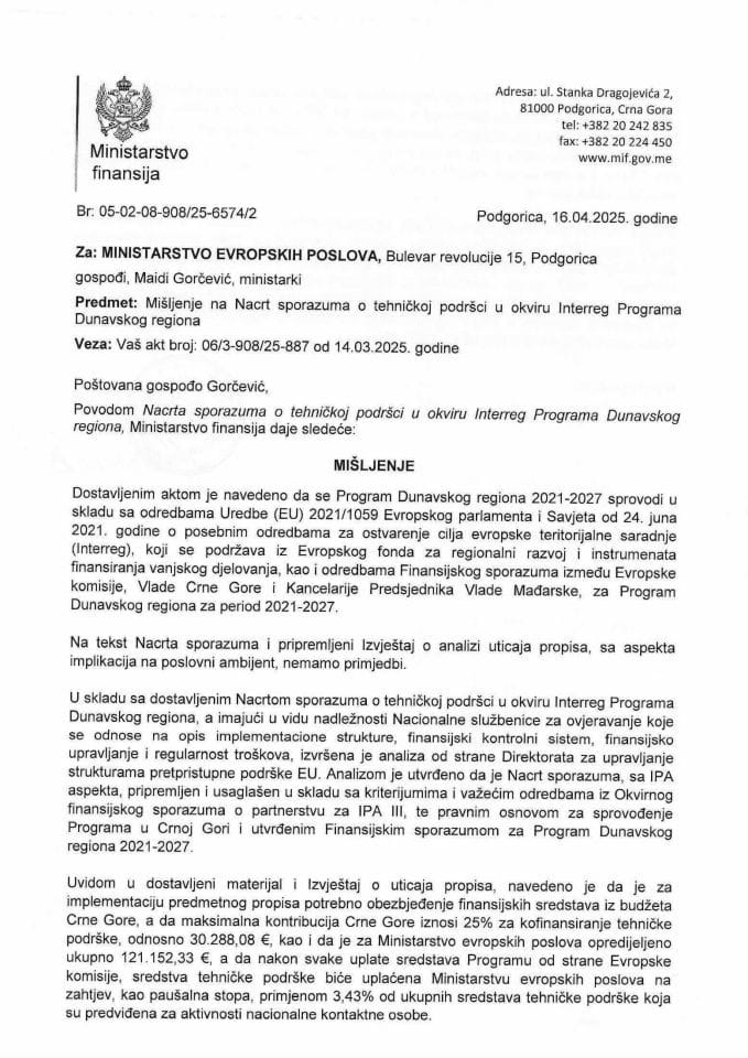 Mišljenje na Nacrt sporazuma o tehnickoj podrsci u okviru Intereeg Programa Dunavskog regiona