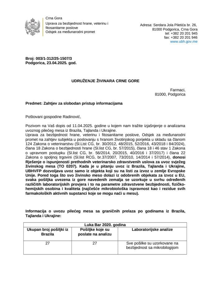 Информација по рјешењу број 006-037/25-УПИ-1507/4 од 24.04.2025. ИИ