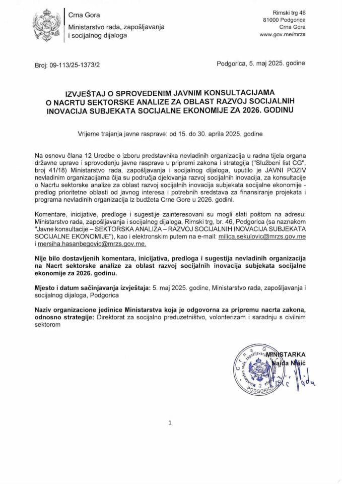 Izvještaj o sprovedenim javnim konsultacijama o nacrtu SE za oblast razvoj socijalnih inovacija subjekata socijalne ekonomije za 2026.
