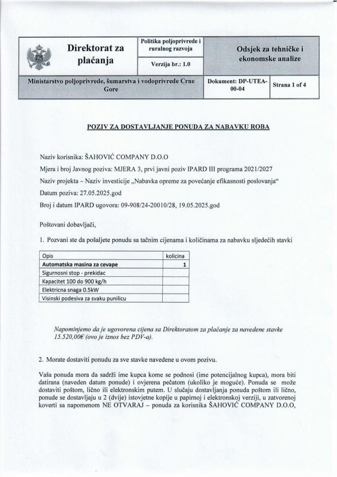 Poziv za dostavljanje ponuda za nabavku robe - Mašina za ćevape (1)