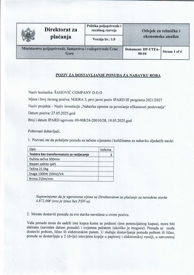 Poziv za dostavljanje ponuda za nabavku roba - Testera