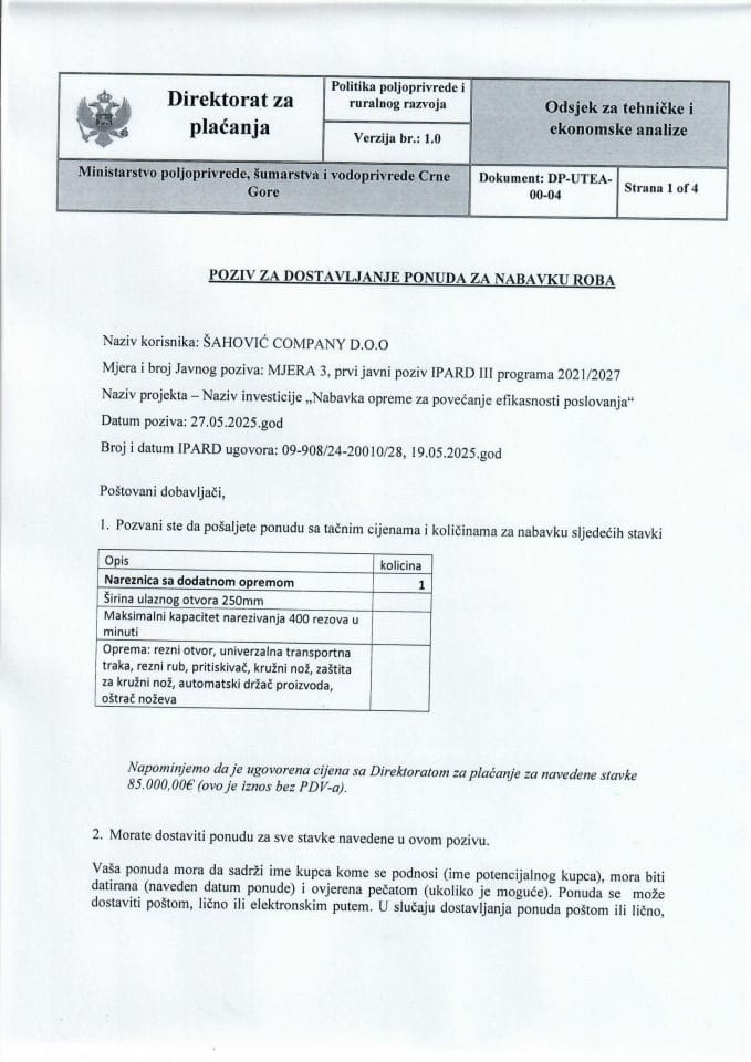 Poziv za dostavljanje ponuda za nabavku roba - Nareznica sa dodatnom opremom