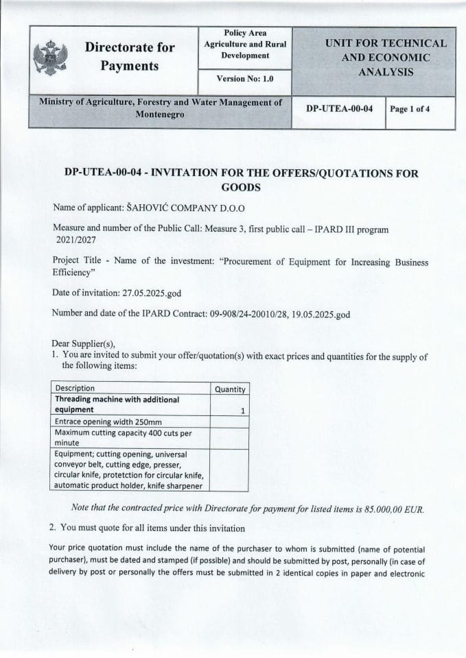 Invitation for the offers for goods - Threading machine with additional equipment