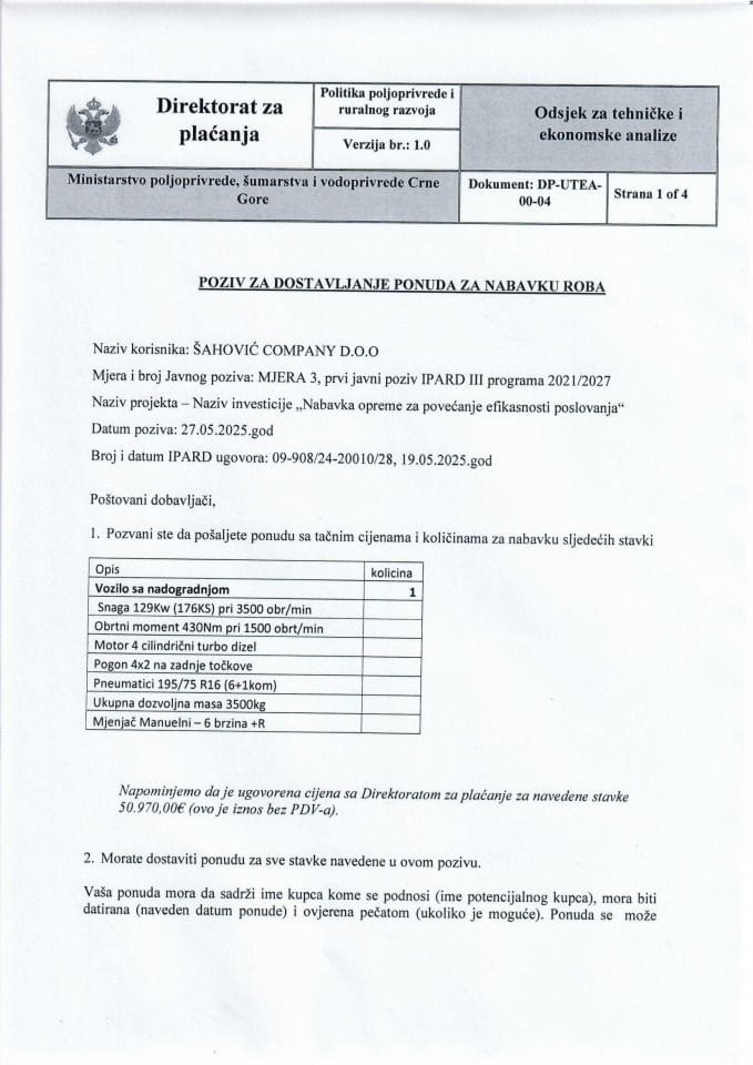 Poziv za dostavljanje ponuda za nabavku roba - Vozilo 1