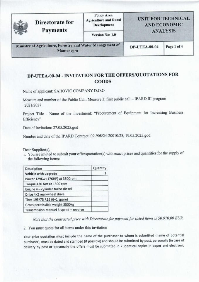 Инвитаттион фор тхе офферс qуотатионс фор гоодс - Вехицле 1