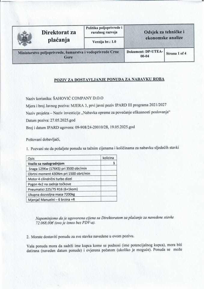 Poziv za dostavljanje ponuda za nabavku roba - Vozilo 2