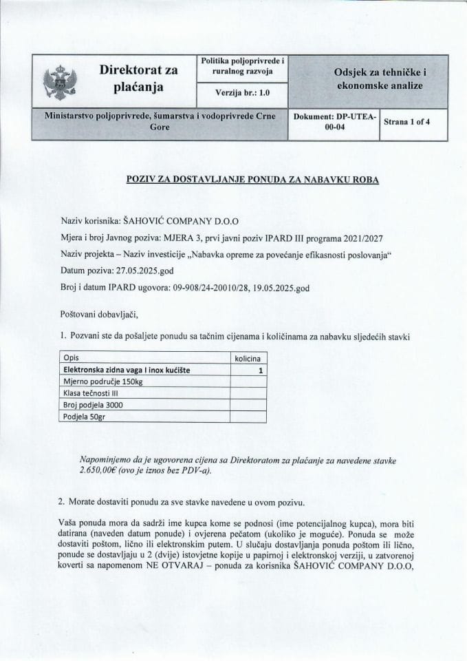 Poziv za dostavljanje ponuda za nabavku roba - Elektronska vaga i inox kućište