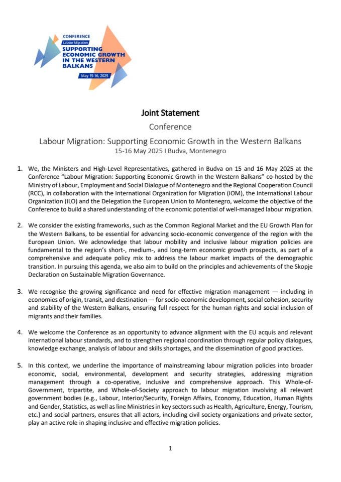 Joint Statement Labour Migration Conference Budva May 2025 Eng