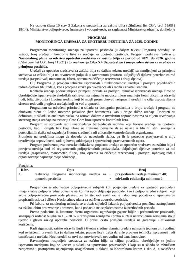 Програм мониторинга уређаја за употребу пестицида за 2025. годину