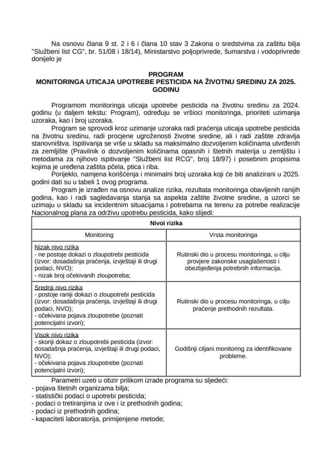 Програм мониторинга утицаја употребе пестицида на животну средину за 2025. годину