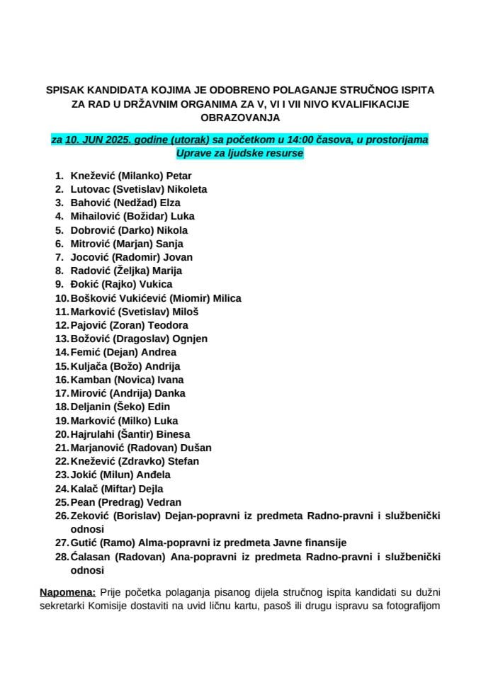 Списак кандидата за 10. јун 2025. године ВСС