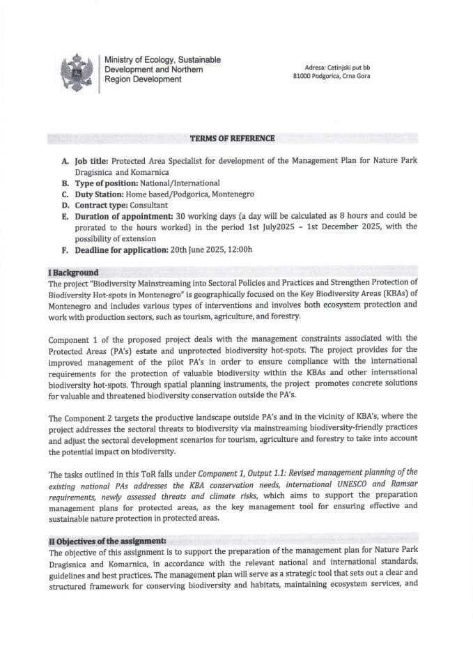 Javni oglas za eksperta za zaštićena područja za izradu Plana upravljanja Parkom prirode Dragišnica i Komarnica u okviru GEF 7 projekta - ToR_Protected Area Specialist for development of the Management Plan for NP Dragisnica and Komarnica