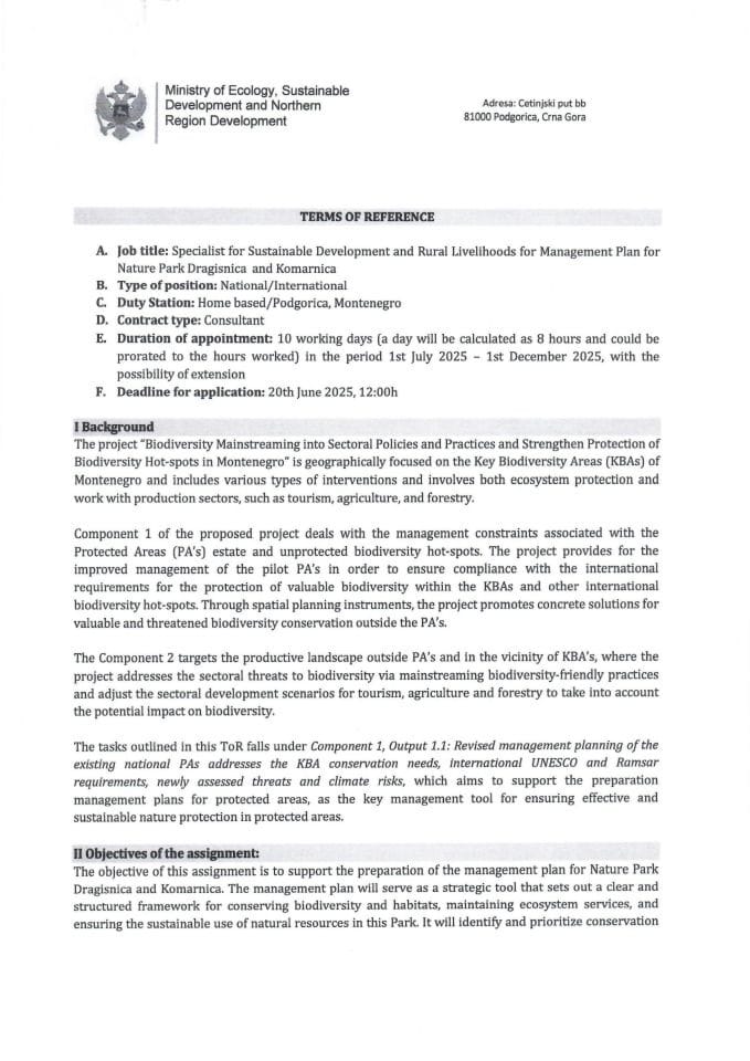 ToR_Specialist for Sustainable Development and Rural Livelihoods for Management Plan for NP Dragisnica and Komarnica